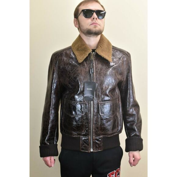$5K DOLCE GABBANA BROWN CRACKED LEATHER BOMBER SHEARLING ZIP JACKET 54 / US 44 - Picture 6 of 12